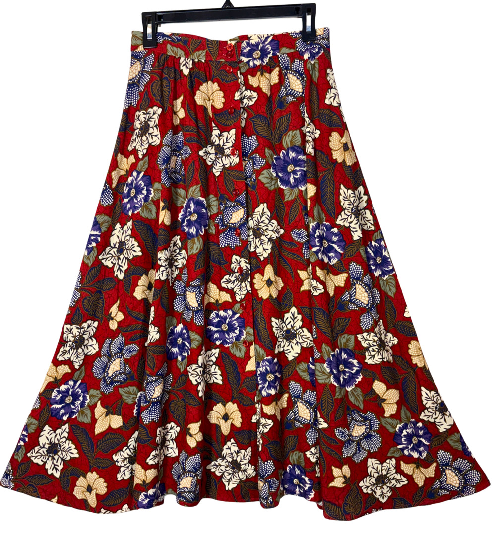 Pendleton Floral Skirt Button Front Maxi 90s Preppy Red Purple Tan 8 Vintage